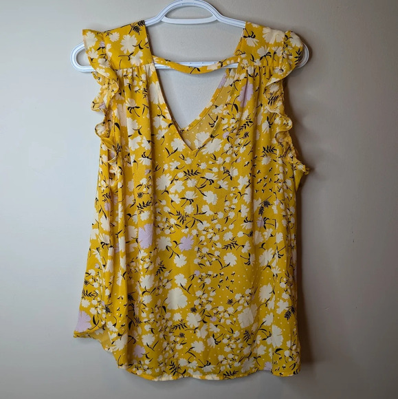 Philosophy Yellow Flutter Sleeve Sleeveless Floral Print V Neck Blouse L Woman - Picture 2 of 8